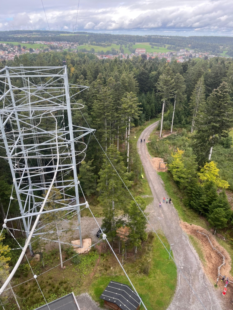 Stahlturm bei der Attraktion Waldflug in Schömberg mitten im Wald, unten führt ein Waldweg entlang